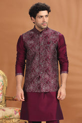 Dark Purple Silk Kurta Pajama Set with Embroidered Jacket